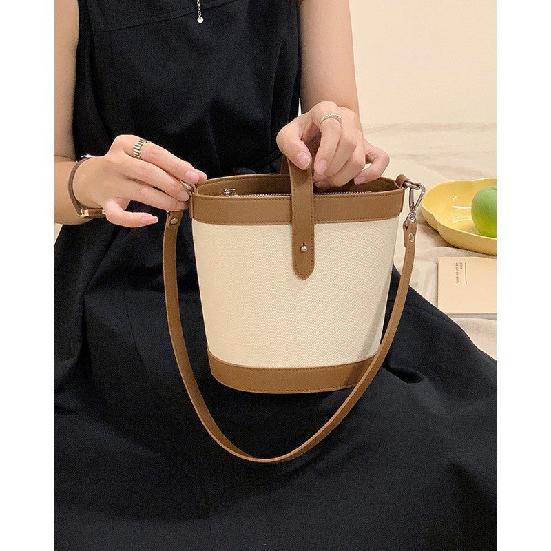 Small bucket bag for women new style cowhide shoulder bag fashion contrasting crossbody high-end genuine leather bag