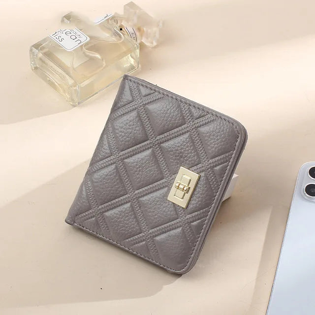 Genuine Leather Ladies Short Wallet Fashion Ultra-Thin Coin Purse Retro Cowhide ID Card Holder with Buckle Closed