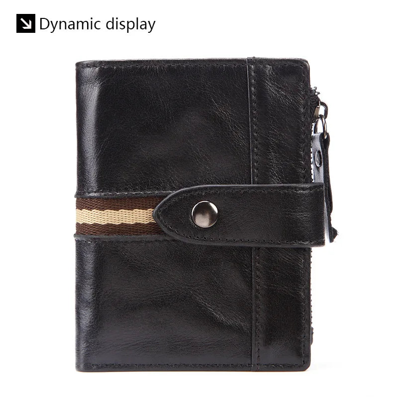 Men's genuine leather wallet oil wax short real leather wallet zipper coin purse stitching clutch