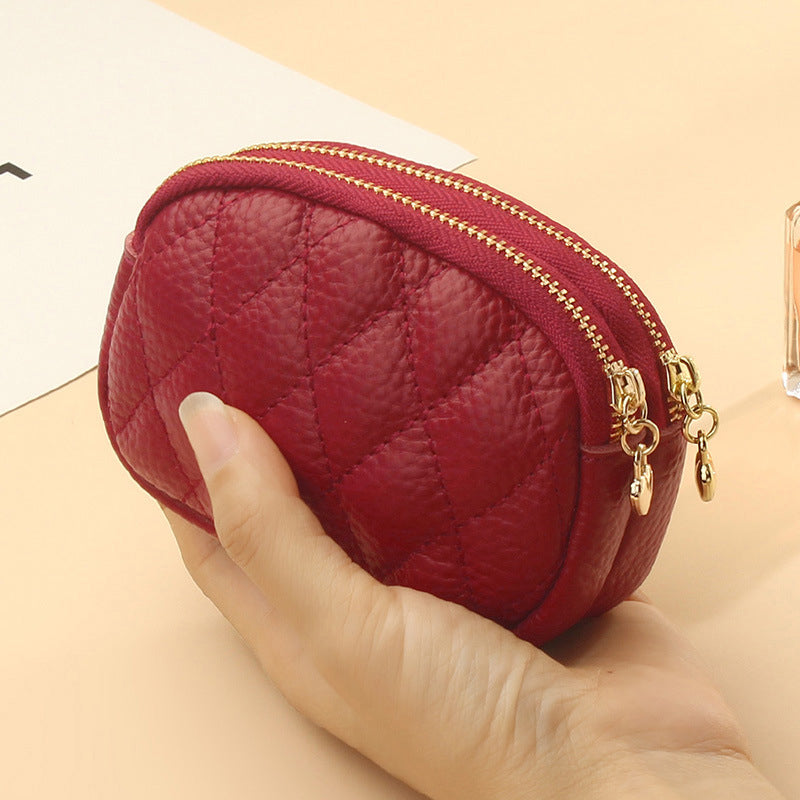 Woman Clutch Bag New Cowhide Leather Rhomboid Thread Double Zipper Coin Purse Female Can Store Lipstick Purse with Key Ring